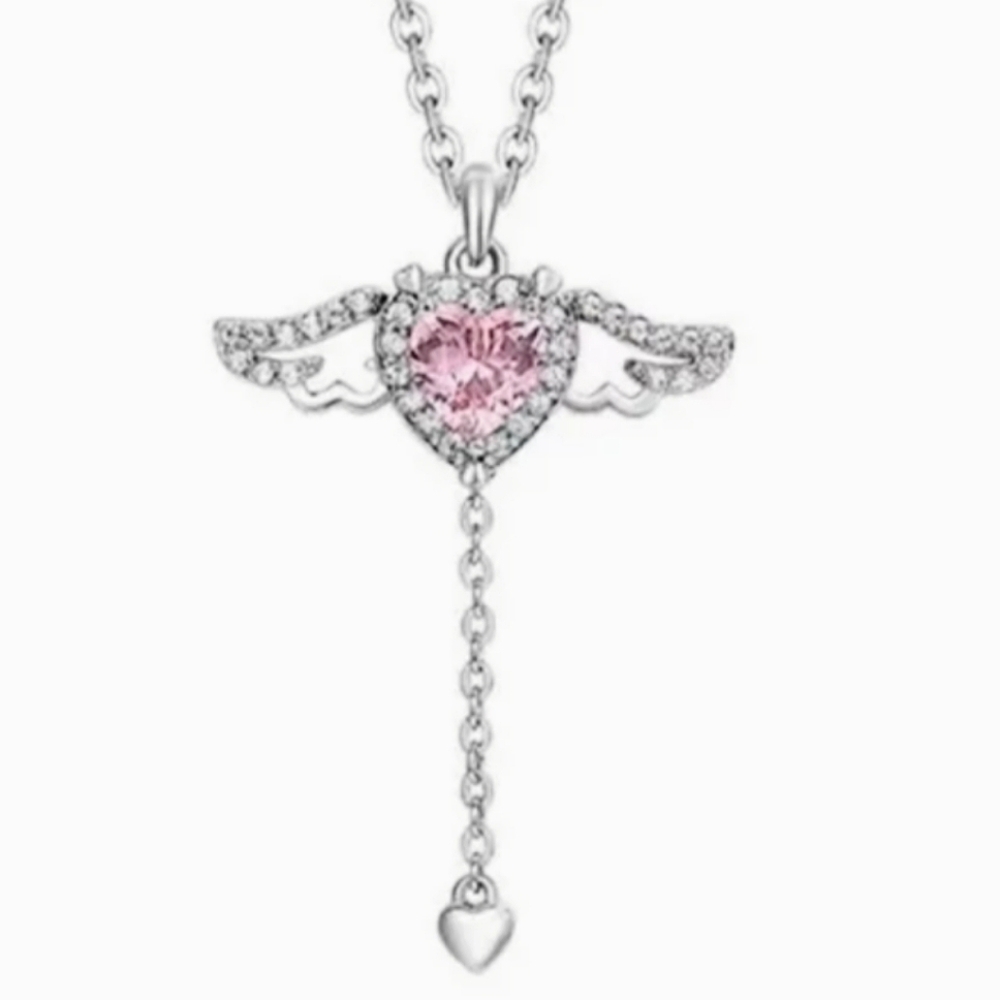 Pink Crystal Heart Angel Wings Pendant